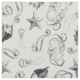 Beach Nautical Ocean Theme Black and White Ink Fabric