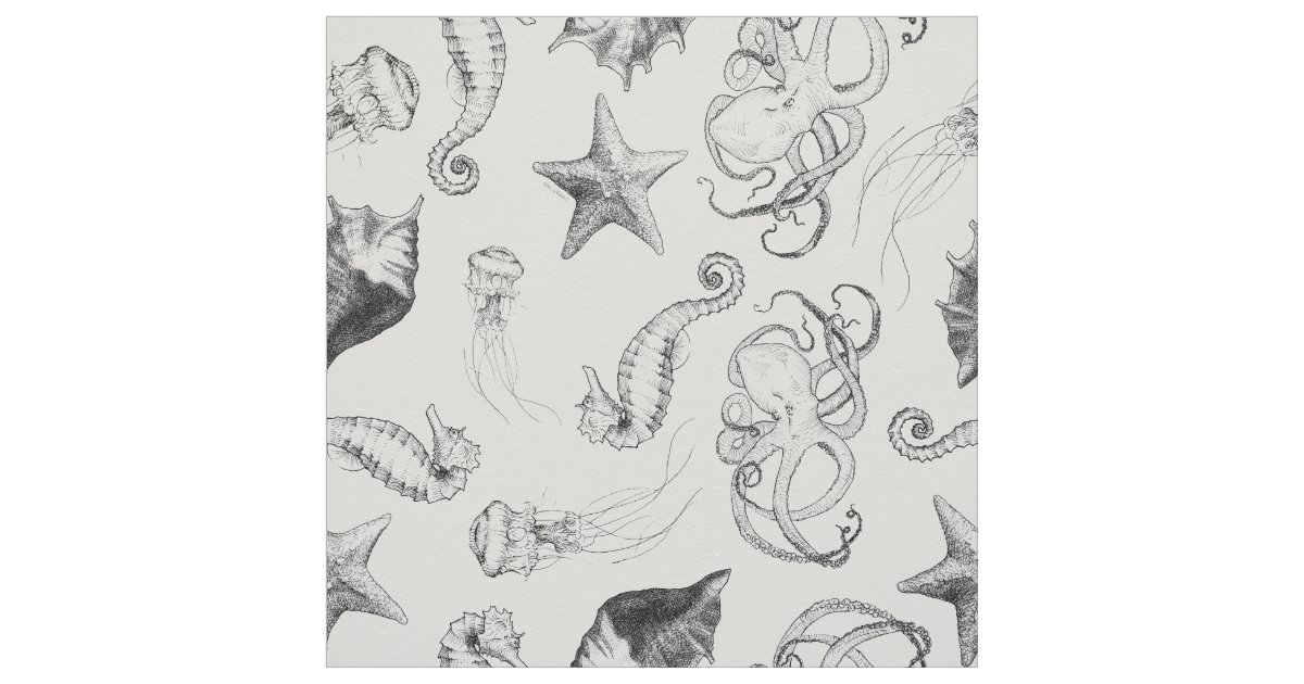 Beach Nautical Ocean Theme Black and White Ink Fabric Zazzle