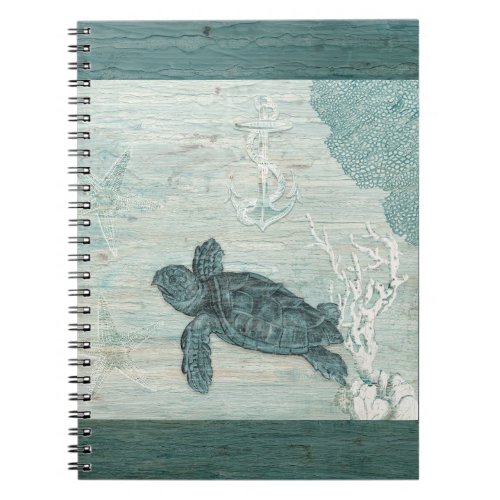 Beach Nautical Sea Turtle Blue Starfish Driftwood Notebook