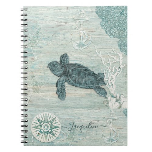 Beach Nautical Sea Turtle Starfish Blue Driftwood Notebook