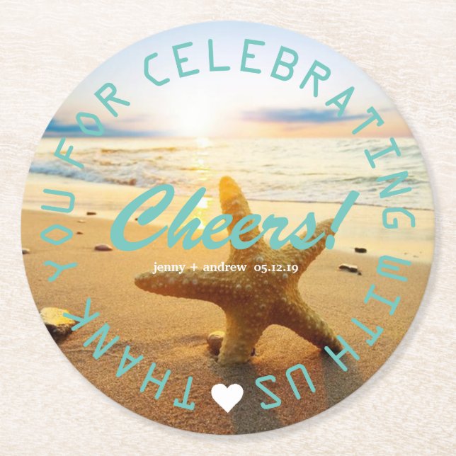 Beach Nautical Wedding Favor Party Personalized Round Paper Coaster (Front)