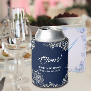 beach nautical white lace navy blue wedding can cooler