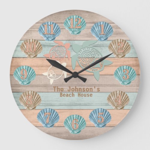 Beach Nautical Wood with Turtles  Shells  Large Clock