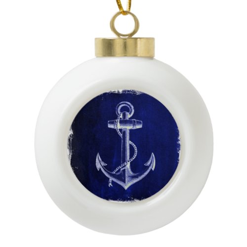 beach navy blue coastal chic nautical  anchor ceramic ball christmas ornament