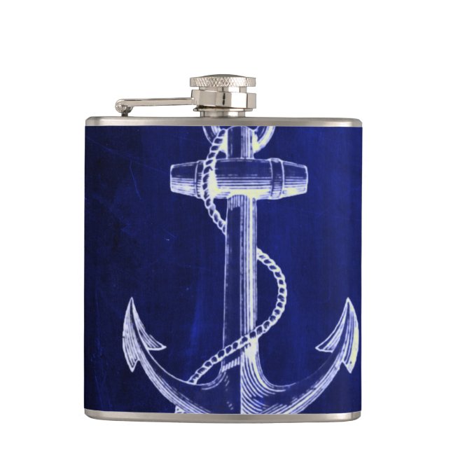 beach navy blue coastal chic nautical  anchor hip flask (Front)