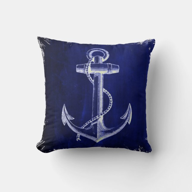 beach navy blue coastal chic nautical  anchor throw pillow (Front)