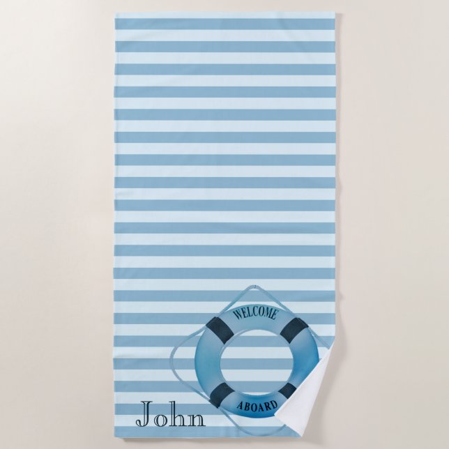 Beach Navy,Blue Striped-Personalized Beach Towel (Front)