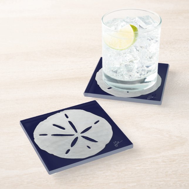 Beach Navy White Sand Dollars Coastal Glass Coaste Coaster (Angled)