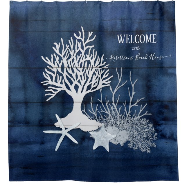 Beach Navy White Welcome Watercolor Coral Starfish Shower Curtain (Front)