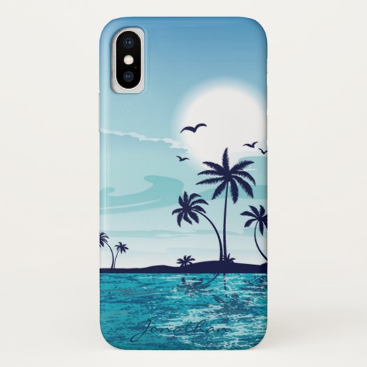 Beach Night with Moon Birds Palm Tree Ocean Cloud