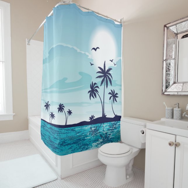 Beach Night with Moon Birds Palm Tree Ocean Cloud Shower Curtain (In Situ)