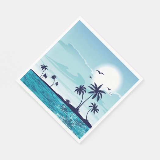 Beach Night with Moon Birds Palm Tree Ocean