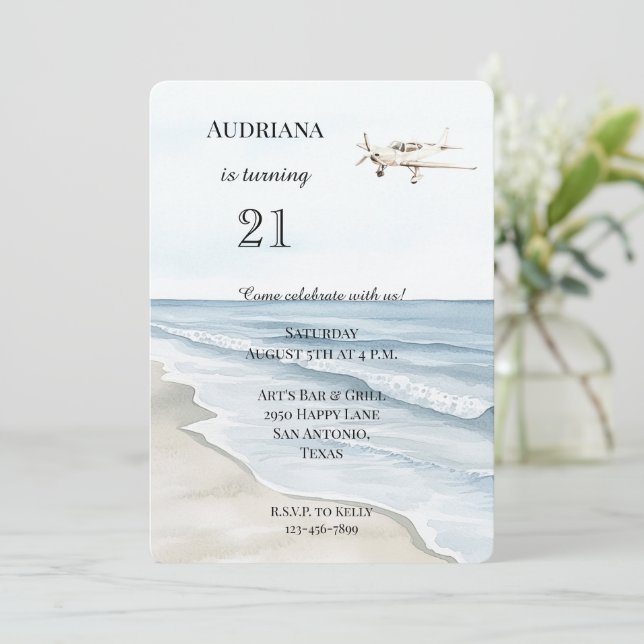 Beach Ocean Airplane Birthday Invitation (Standing Front)