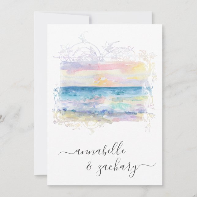 *~* Beach Ocean Art + RSVP -  QR AR7 Wedding Invitation (Front)