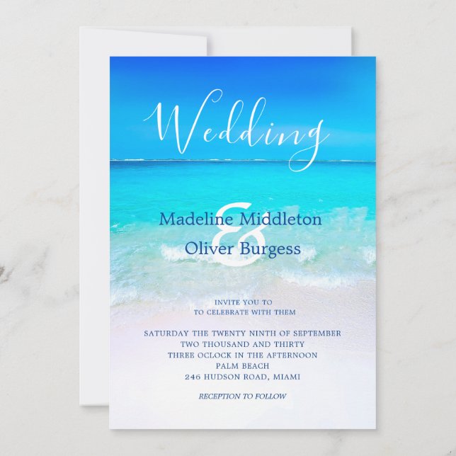 Beach Ocean Blue Tropical Destination Wedding Invitation (Back)