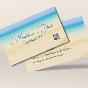 Beach Ocean Coastal QR Code Blue Modern Business Card