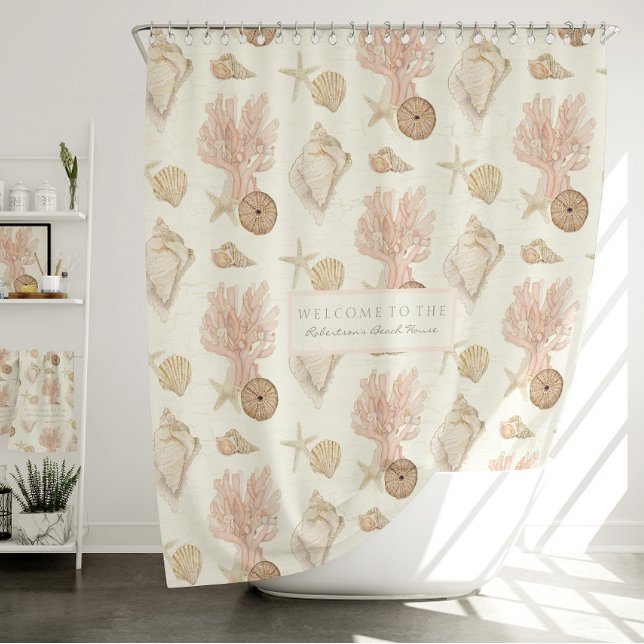 Beach Ocean Coral Starfish Sea Shell Watercolor Shower Curtain (Creator Uploaded)