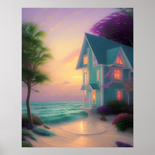 Beach Ocean Cottage Scene fantasy Art Poster