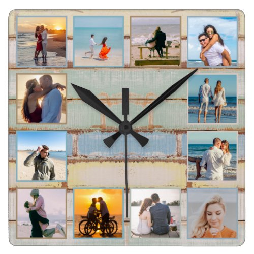 Beach Ocean Distressed Wood 12-photo Collage Photo Square Wall Clock