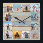 Beach Ocean Distressed Wood 12-photo Collage Photo Square Wall Clock<br><div class="desc">This nautical weathered design features a multi-color wood plank background with space for 12 photos! Click the customize button for more flexibility in modifying/adding text and design elements! Variations of this design as well as coordinating products are available in our shop, zazzle.com/store/doodlelulu. Contact us if you need this design applied...</div>
