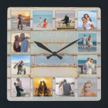 Beach Ocean Distressed Wood 12-photo Collage Photo Square Wall Clock<br><div class="desc">This nautical weathered design features a multi-color wood plank background with space for 12 photos! Click the customize button for more flexibility in modifying/adding text and design elements! Variations of this design as well as coordinating products are available in our shop, zazzle.com/store/doodlelulu. Contact us if you need this design applied...</div>