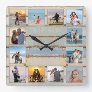 Beach Ocean Distressed Wood 12-photo Collage Photo Square Wall Clock