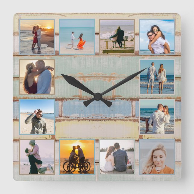 Beach Ocean Distressed Wood 12-photo Collage Photo Square Wall Clock (Front)