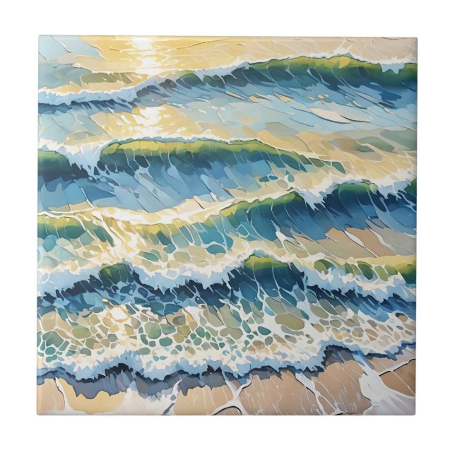 Beach Ocean Green Blue Yellow Design 345 Ceramic Tile (Front)