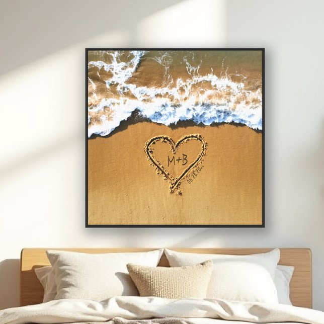 Beach Ocean Heart Initial Chic Wedding Anniversary Canvas Print (wedding gift newlywed anniversary valentine couple beach ocean heart initials waves sand)