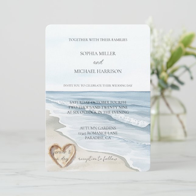 Beach Ocean Heart Sand Wedding Invitation (Standing Front)