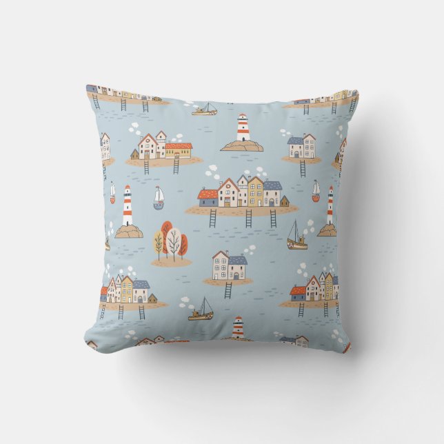 Beach Ocean Lighthouse Pattern Throw Pillow (Front)