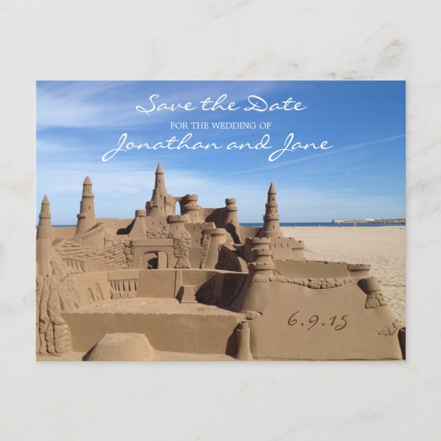 Beach Ocean Love Sandcastle Wedding Save the Date Announcement Postcard (Front)