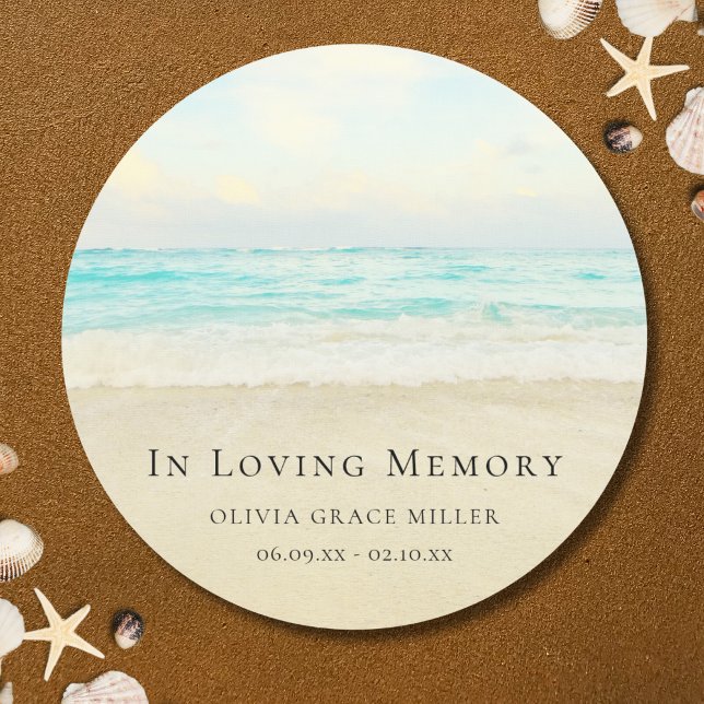 Beach Ocean Memorial or Funeral Tribute Classic Round Sticker (Beach Memorial Sticker Label)
