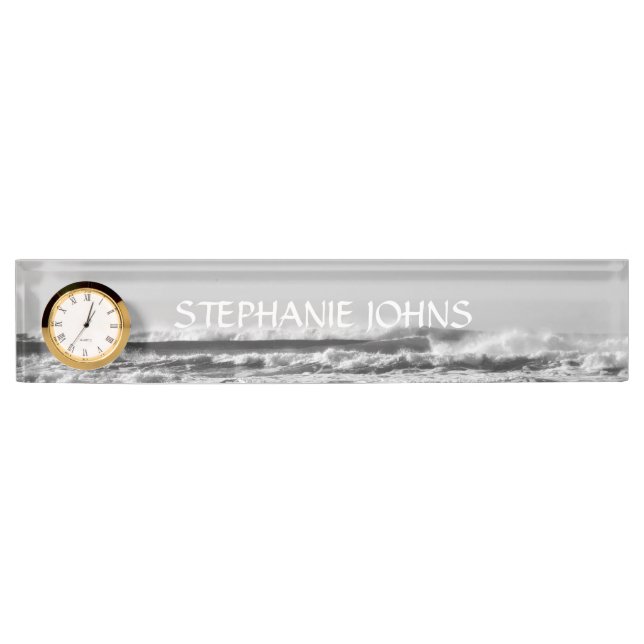 Beach Ocean Monogram Name Water Black White Cool Desk Name Plate (Front)
