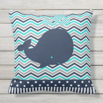 Beach Ocean Nautical Blue Whale Chevron Outdoor Pillow