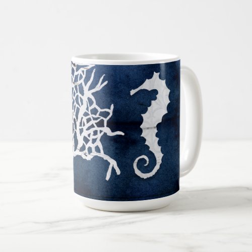 Beach Ocean Navy Blue White Seahorse Coral Wood Coffee Mug