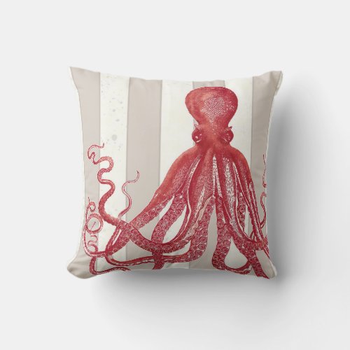 Beach Ocean Octopus Modern Gray Stripe Nautical Throw Pillow