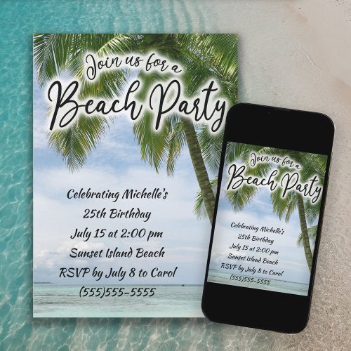 Beach Ocean Palm Trees Tropical Birthday  Invitation