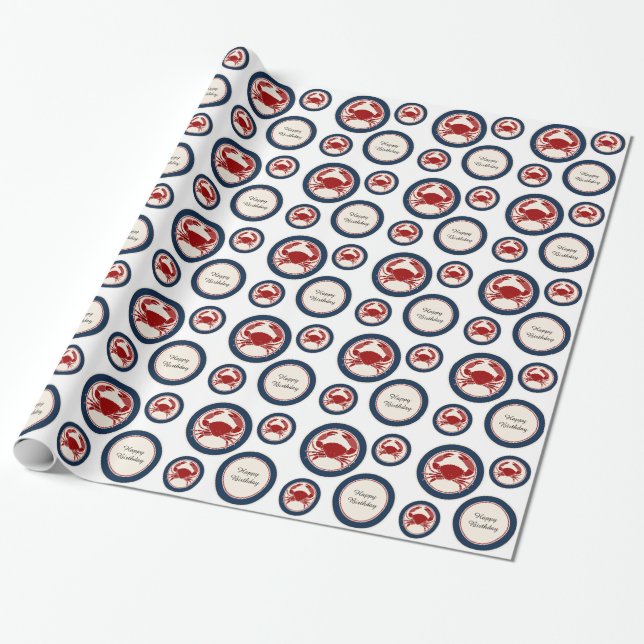 Beach Ocean Red Crabs Birthday Wrapping Paper (Unrolled)