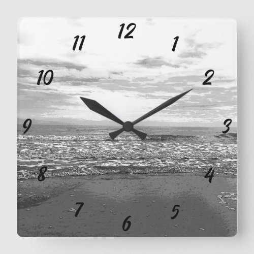 Beach Ocean Sea Abstract Black White Simple Scenic Square Wall Clock