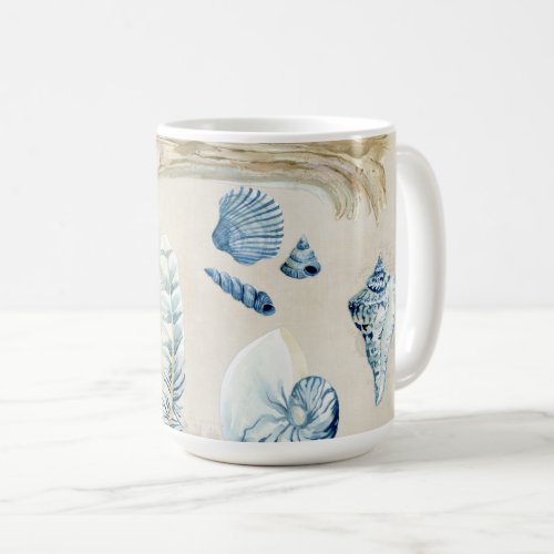 Beach Ocean Sea Shells Blue n White Feathers Wood Coffee Mug