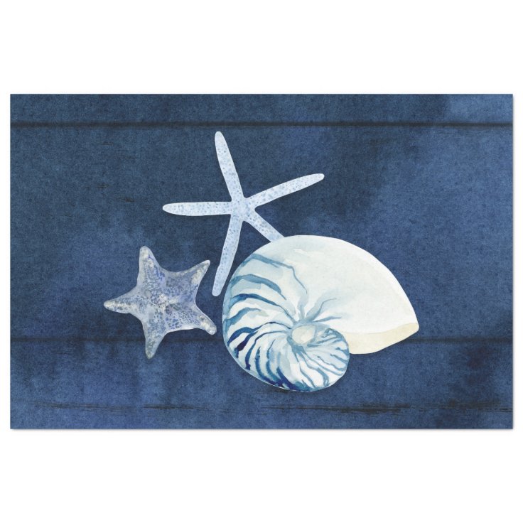 Beach Ocean Sea Shells Seashells Navy Blue White Tissue Paper | Zazzle