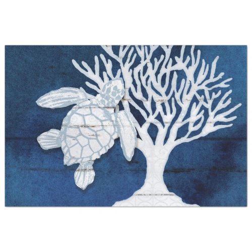 Beach Ocean Sea Turtle Coral Navy Blue White Wood  Tissue Paper