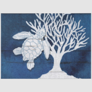 Beach Ocean Sea Turtle Coral Navy Blue White Wood Tissue Paper