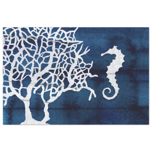 Beach Ocean Seahorse Coral Navy Blue White Wood Tissue Paper