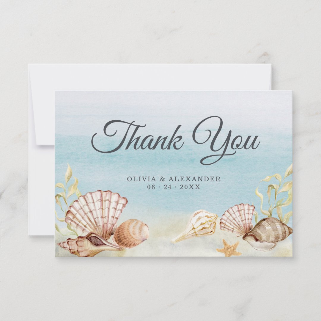 Beach Ocean Shells Watercolor Wedding Thank You Card | Zazzle
