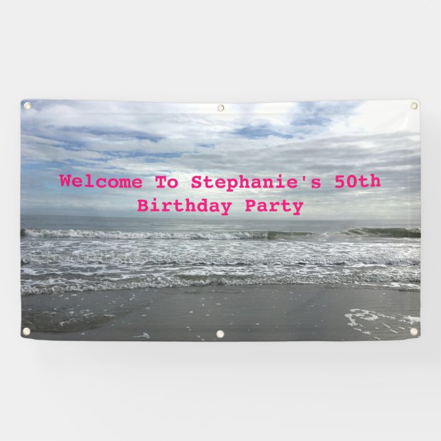Beach Ocean Sky Pink Blue Photo Birthday Party Banner (Horizontal)
