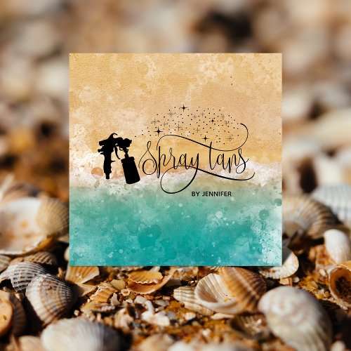 Beach Ocean Spray tan script dripping glitter gold Square Business Card