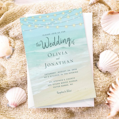 Beach Ocean String Lights Wedding Invitation