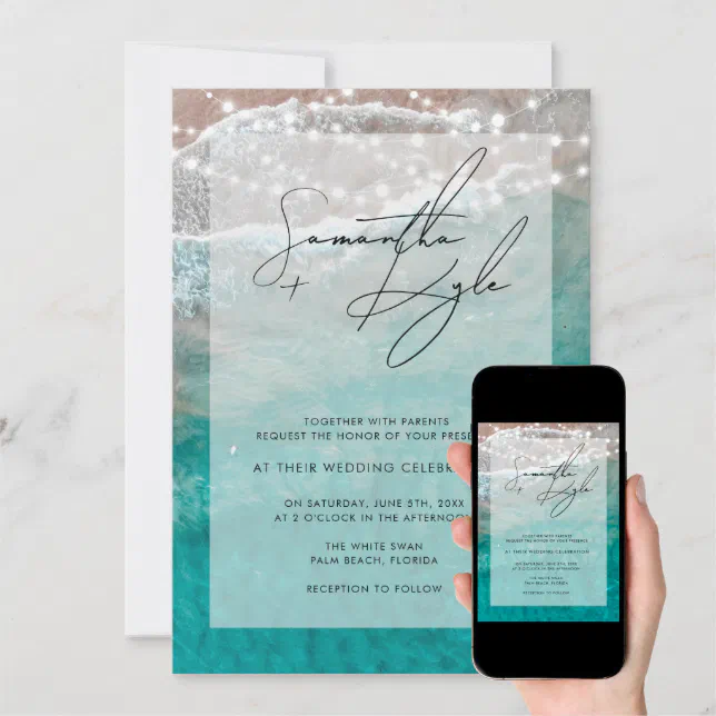 Beach Ocean String Lights Wedding Invitation Zazzle